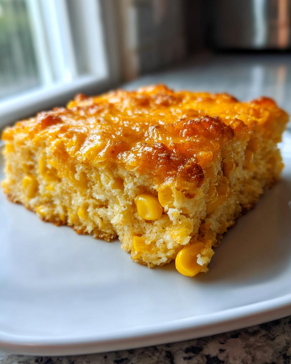 A close-up of two squares of baked cream cheese corn casserole topped with melted golden cheese.