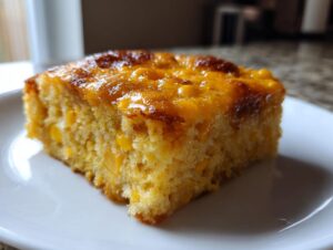 A close-up of a square slice of moist cream cheese corn casserole with a golden, slightly caramelized top.