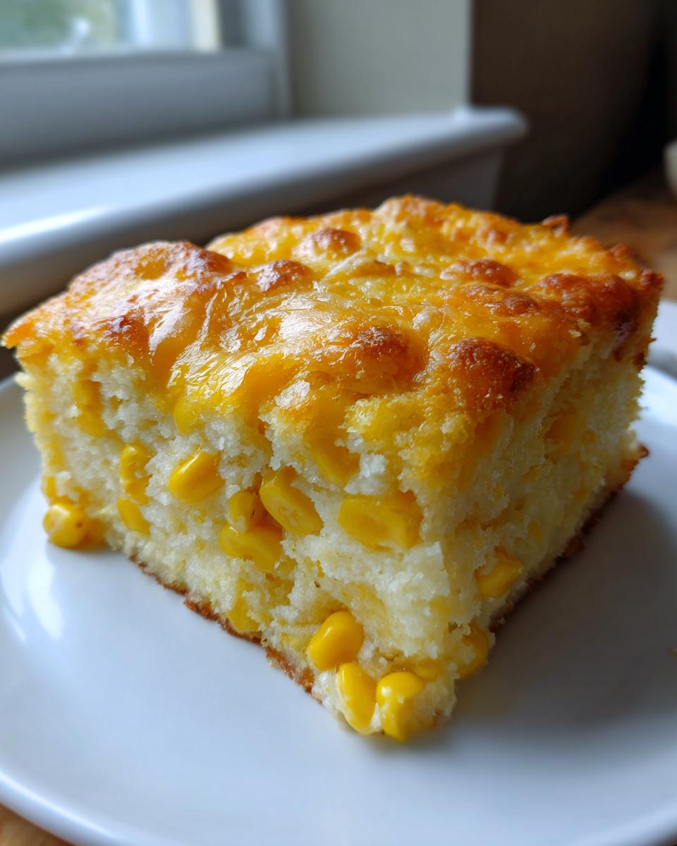 A square serving of moist cream cheese corn casserole studded with whole corn kernels and topped with melted cheddar cheese.