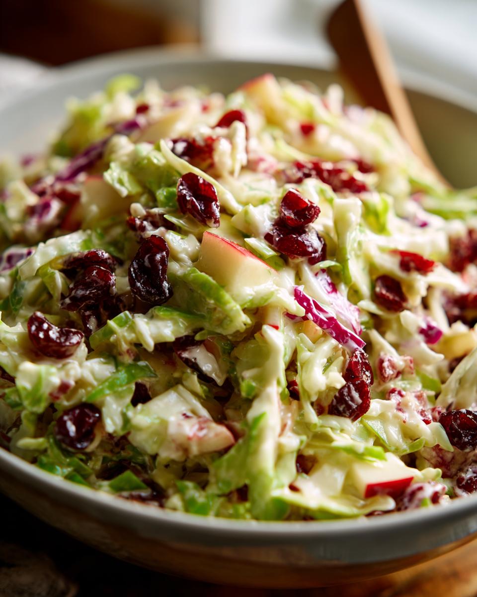 A close-up of creamy apple cranberry coleslaw featuring shredded cabbage, red apple chunks, and dried cranberries.