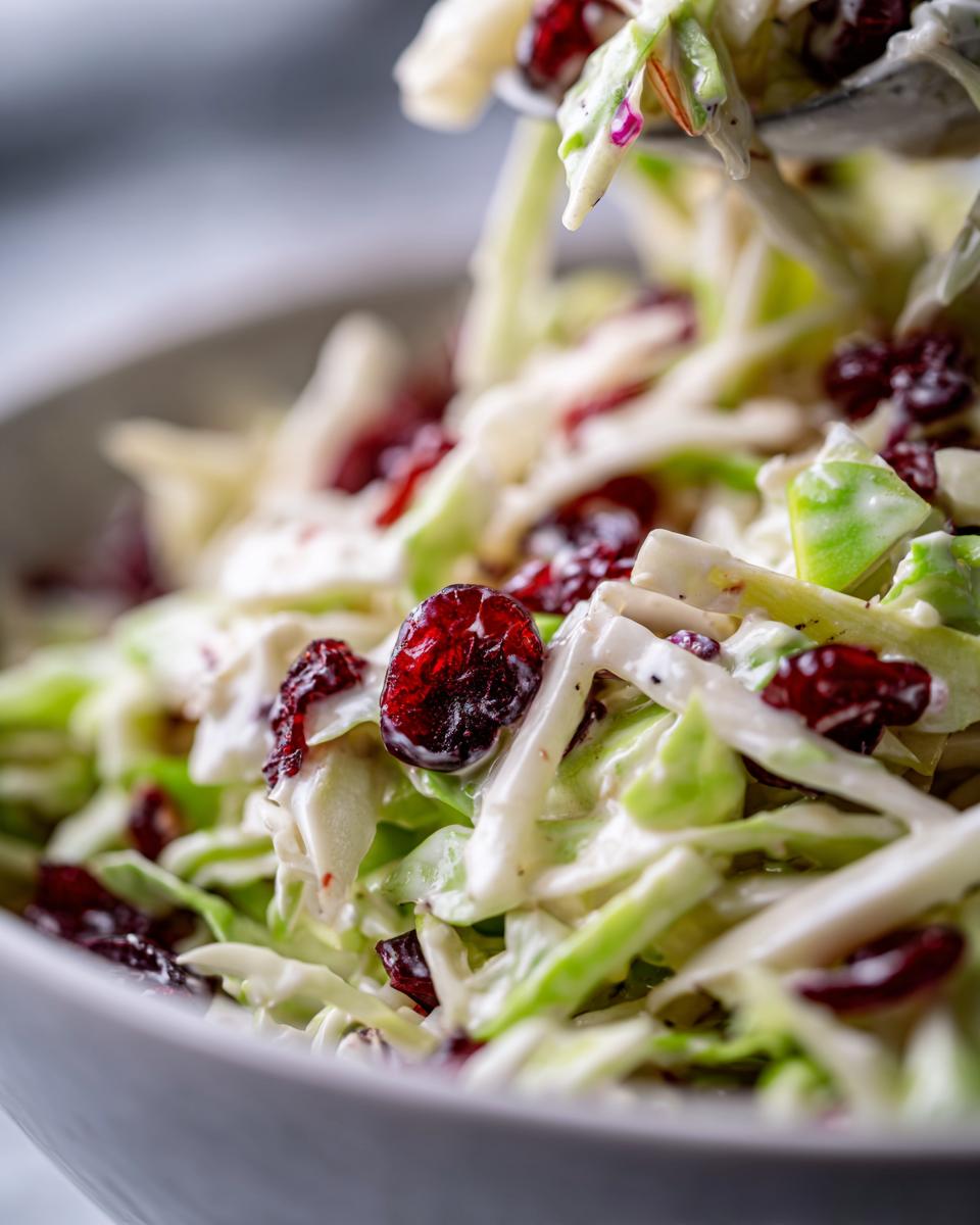 Close-up macro shot of creamy apple cranberry coleslaw featuring shredded cabbage and bright red dried cranberries.