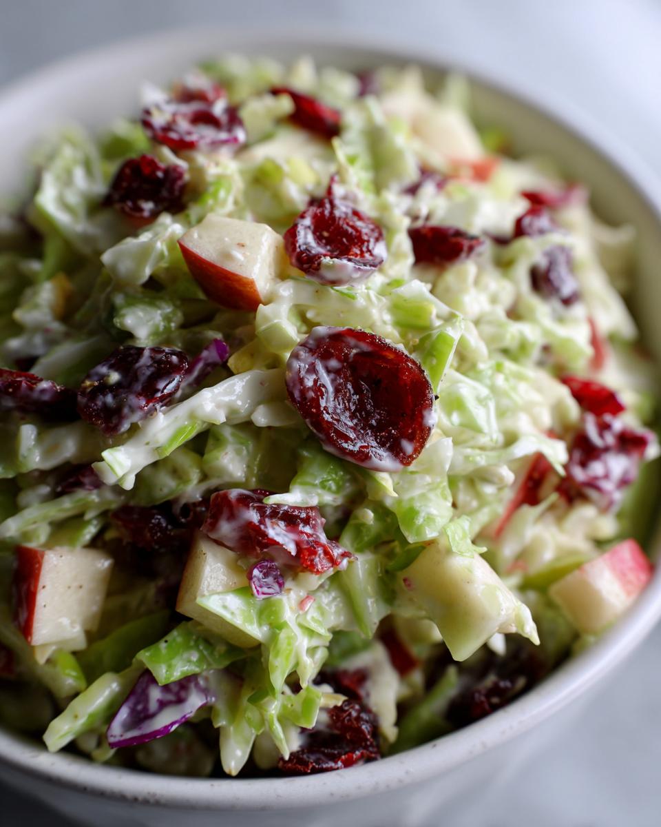 A close-up shot of creamy apple cranberry coleslaw featuring shredded cabbage, diced apples, and dried cranberries.