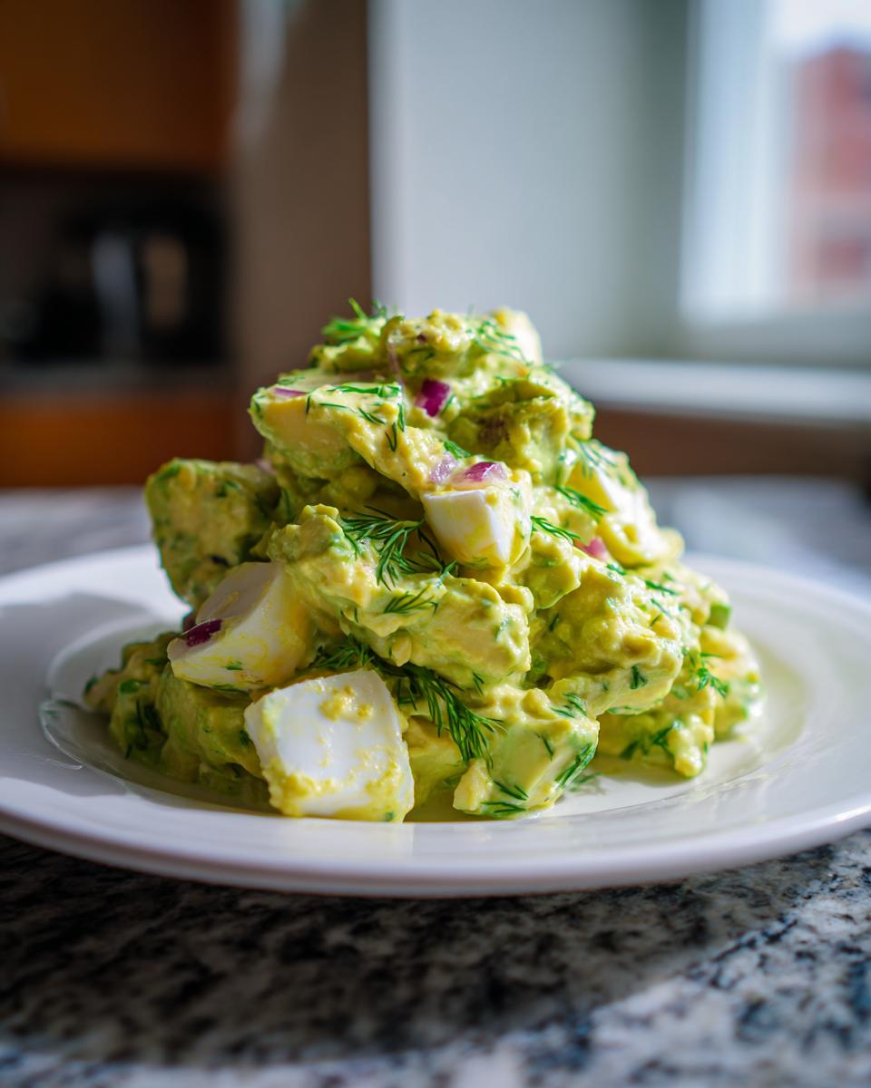 A mound of creamy avocado egg salad featuring chunks of hard-boiled egg and red onion, garnished with fresh dill, served on a white plate.
