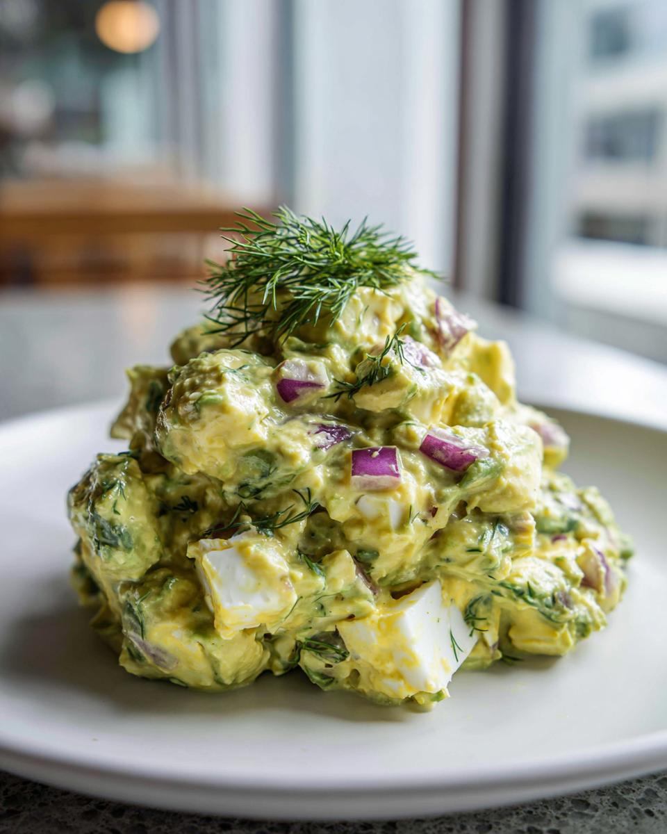 A mound of creamy avocado egg salad mixed with chunks of hard-boiled egg and red onion, topped with fresh dill.