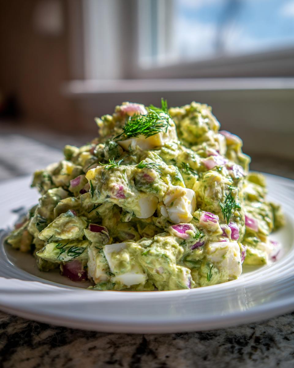 A mound of creamy avocado egg salad mixed with chunks of hard-boiled egg and red onion, garnished with fresh dill.