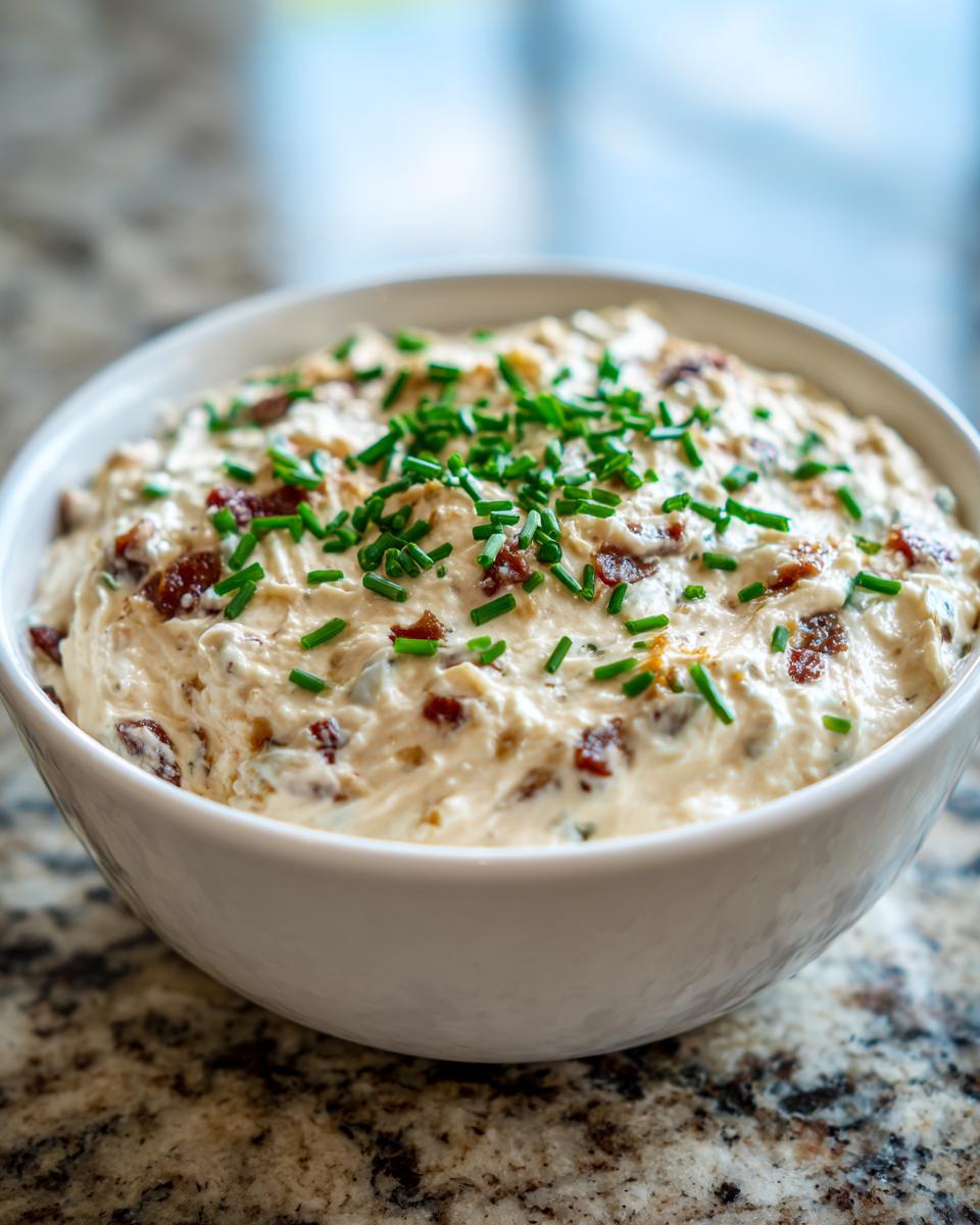 Close-up of a creamy bacon onion dip in a white bowl, garnished generously with chopped green chives.