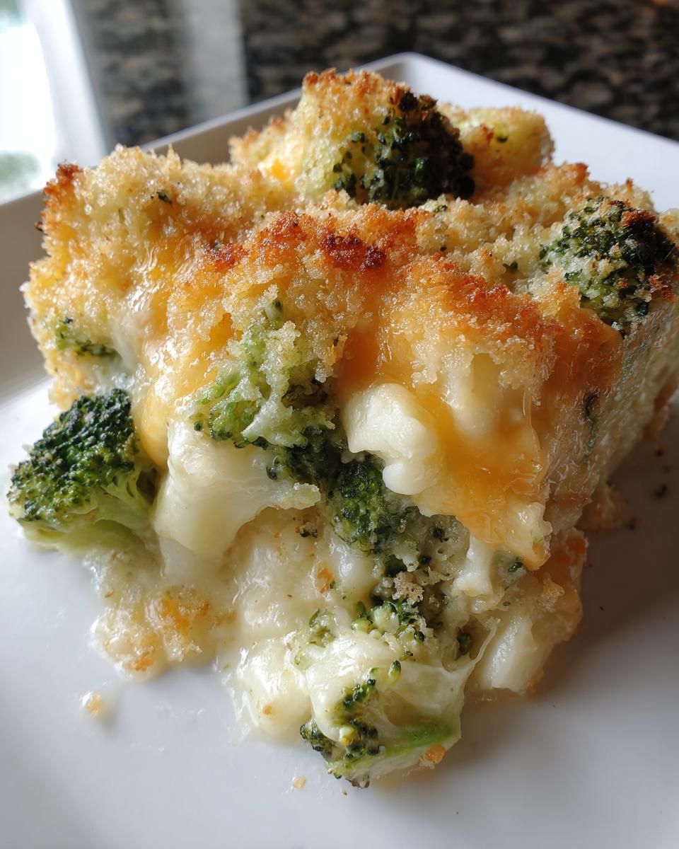 A close-up of a square serving of creamy broccoli cauliflower casserole with a golden, crunchy breadcrumb topping.
