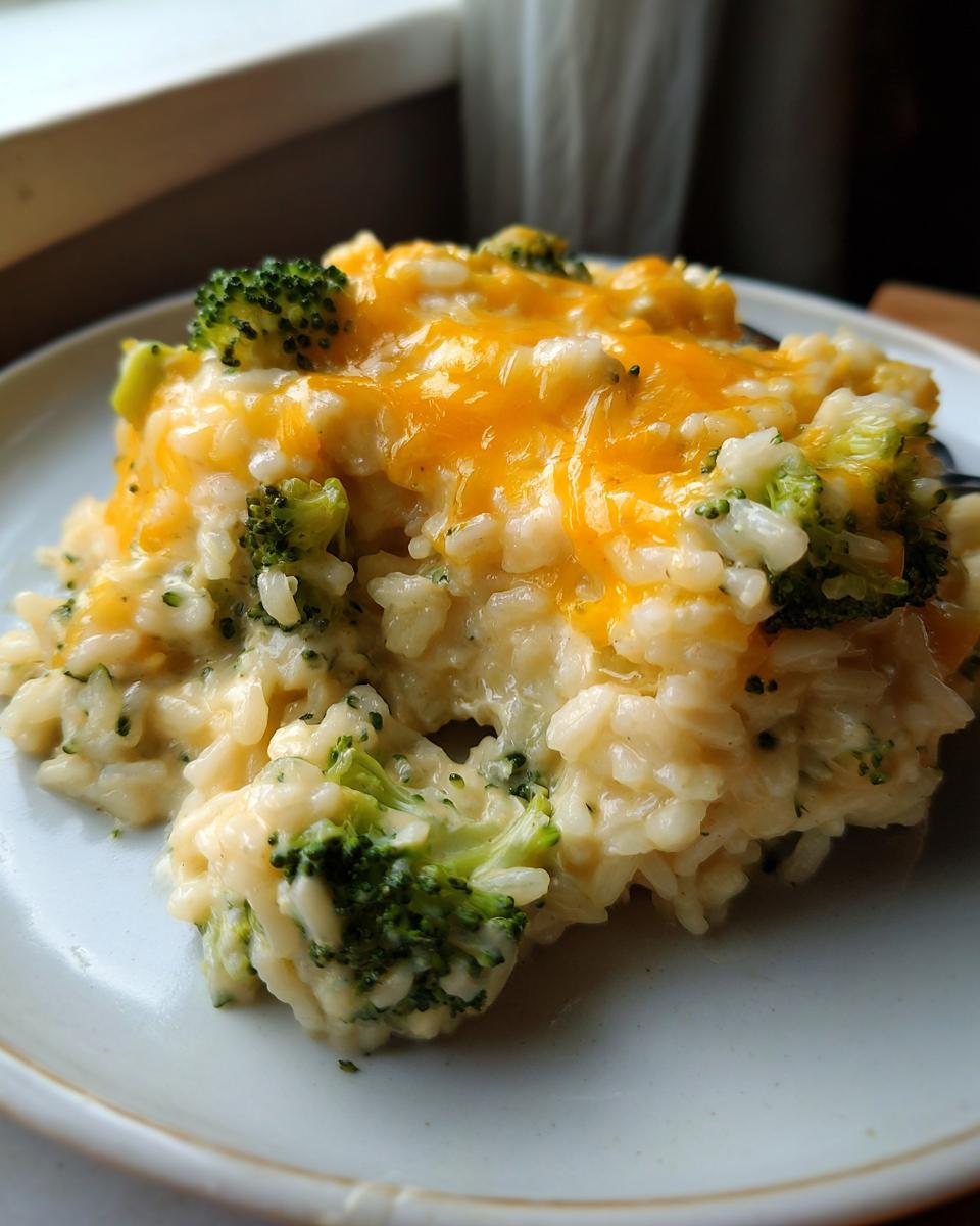A close-up of a creamy serving of broccoli rice topped with melted cheddar cheese.