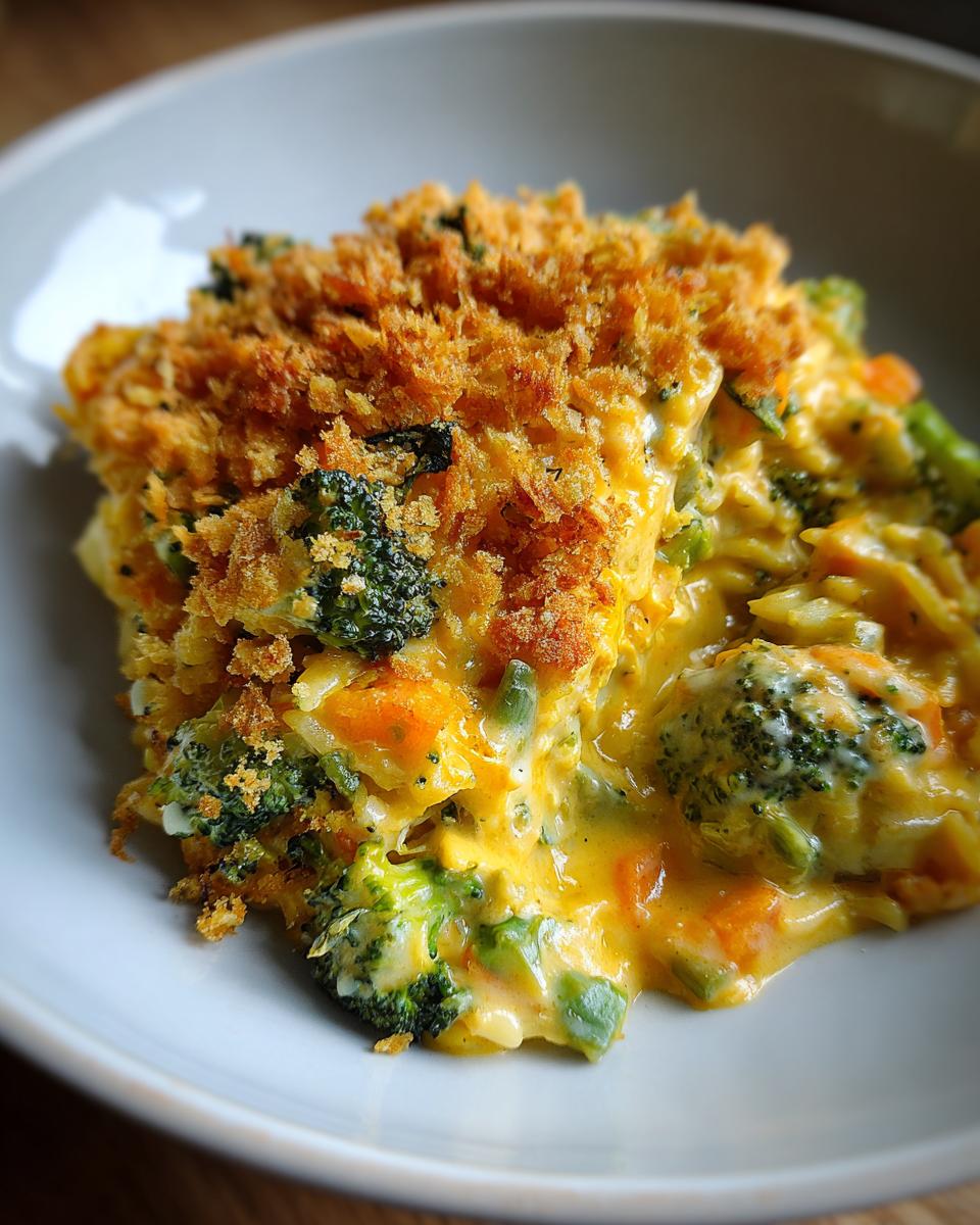 A close-up of a serving of creamy vegetable casserole featuring broccoli, carrots, and a crispy breadcrumb topping.