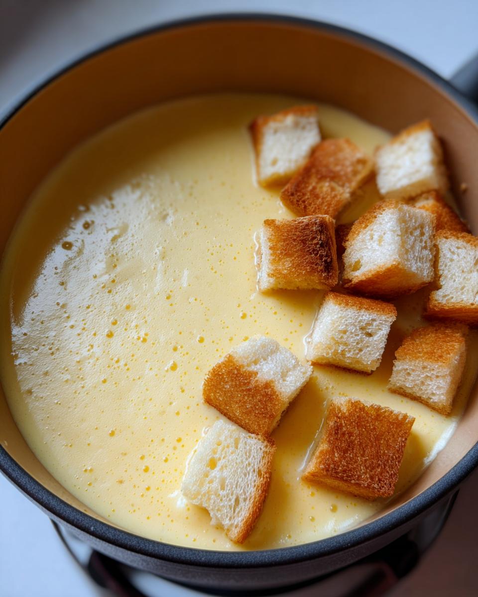 Close-up of creamy, yellow cheese fondue in a pot with several toasted bread cubes ready for dipping.