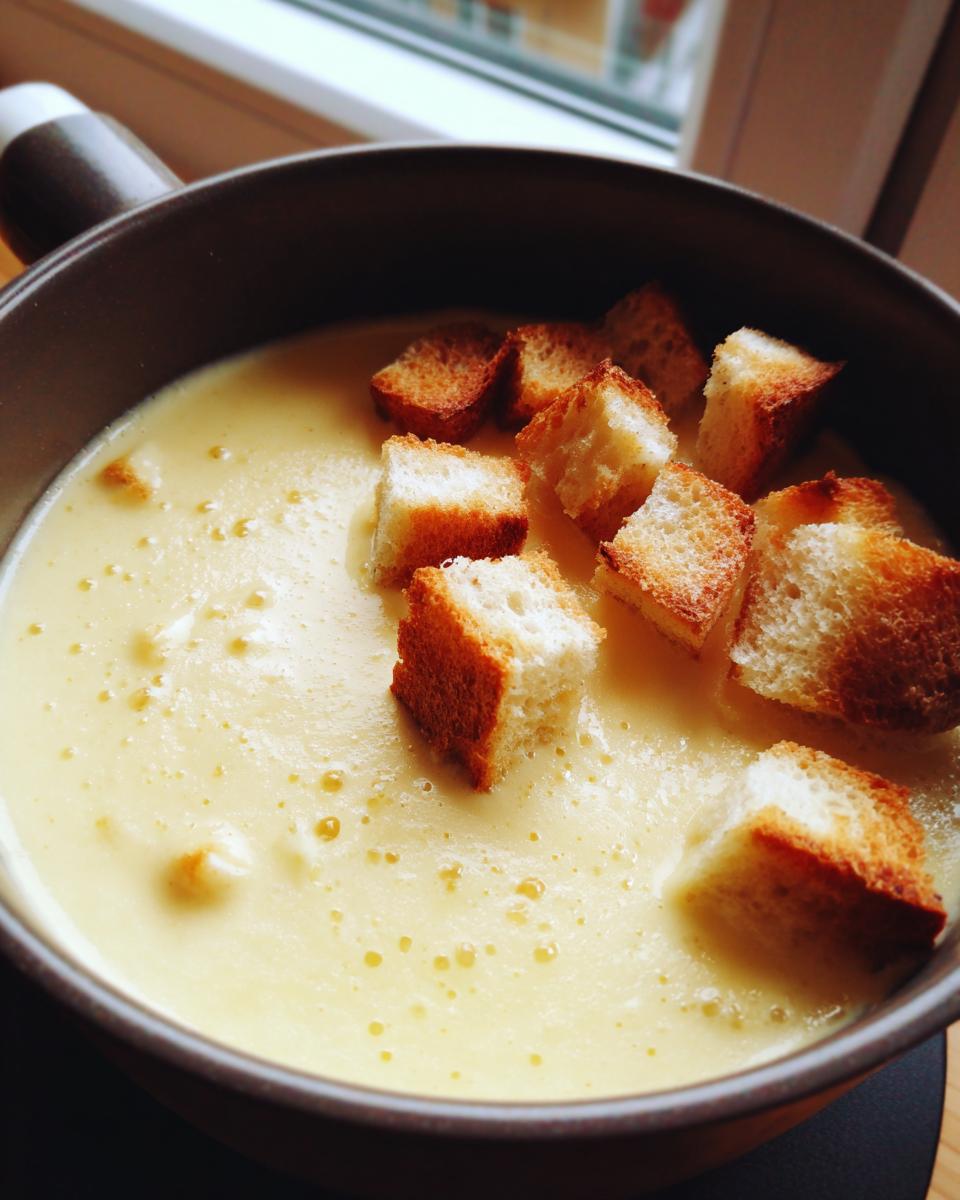 Close-up of creamy, yellow cheese fondue in a dark pot, topped with golden brown toasted bread cubes.