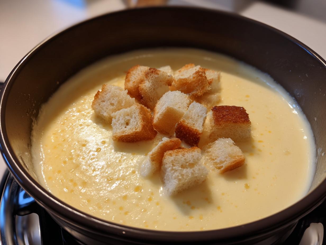 A close-up view of creamy, yellow cheese fondue in a dark pot, topped with toasted bread cubes for dipping.