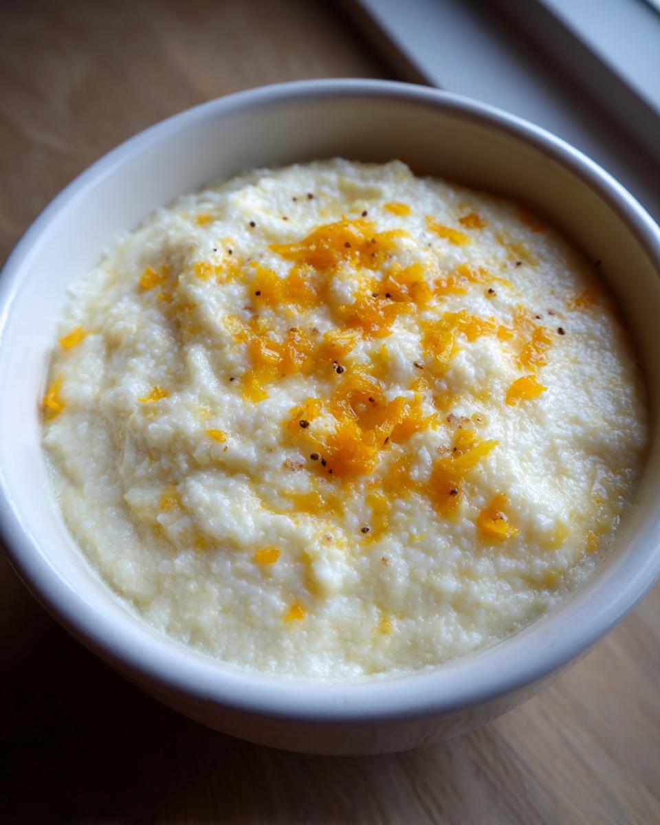 A close-up of a white bowl filled with creamy cheese grits, topped with shredded cheddar and black pepper.