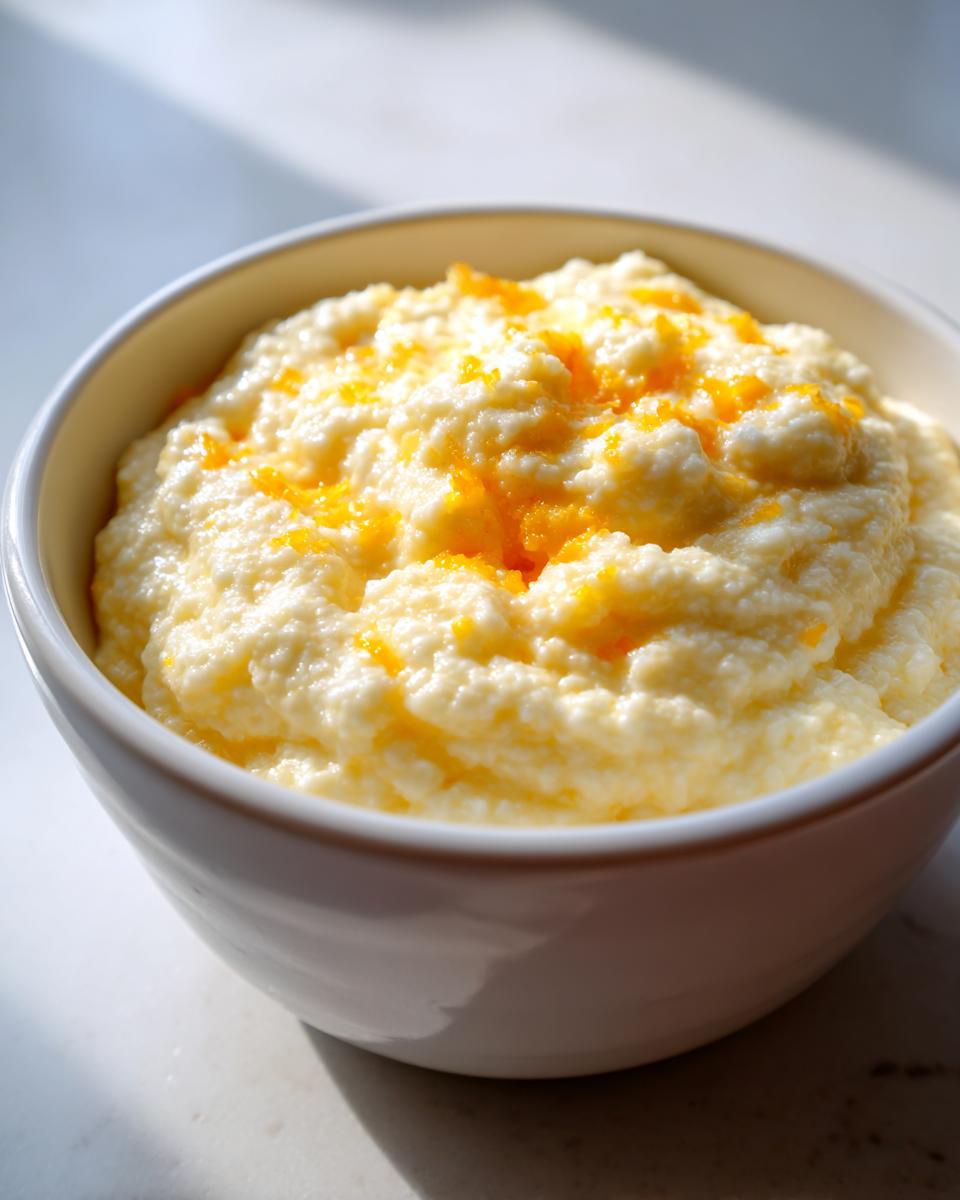 A close-up of a white bowl filled with fluffy, creamy cheese grits topped with bright orange zest or cheese shreds.