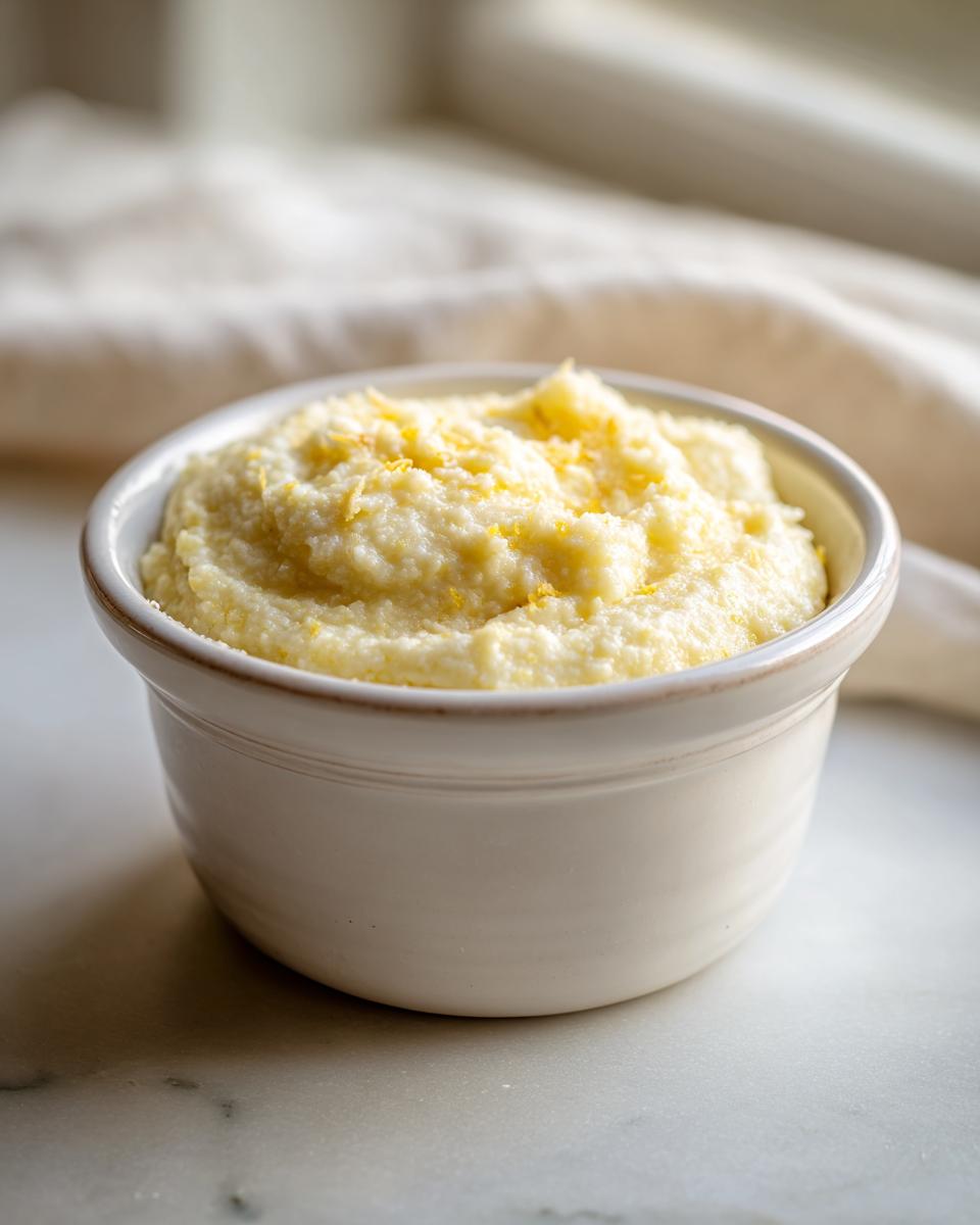 A small white bowl filled with creamy, yellow cheese grits, topped with bright yellow zest.