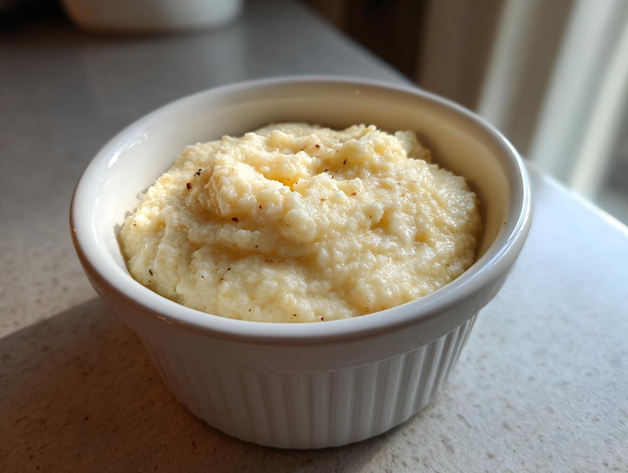 A close-up of creamy, yellow cheese grits served in a small white fluted ramekin, lightly seasoned.