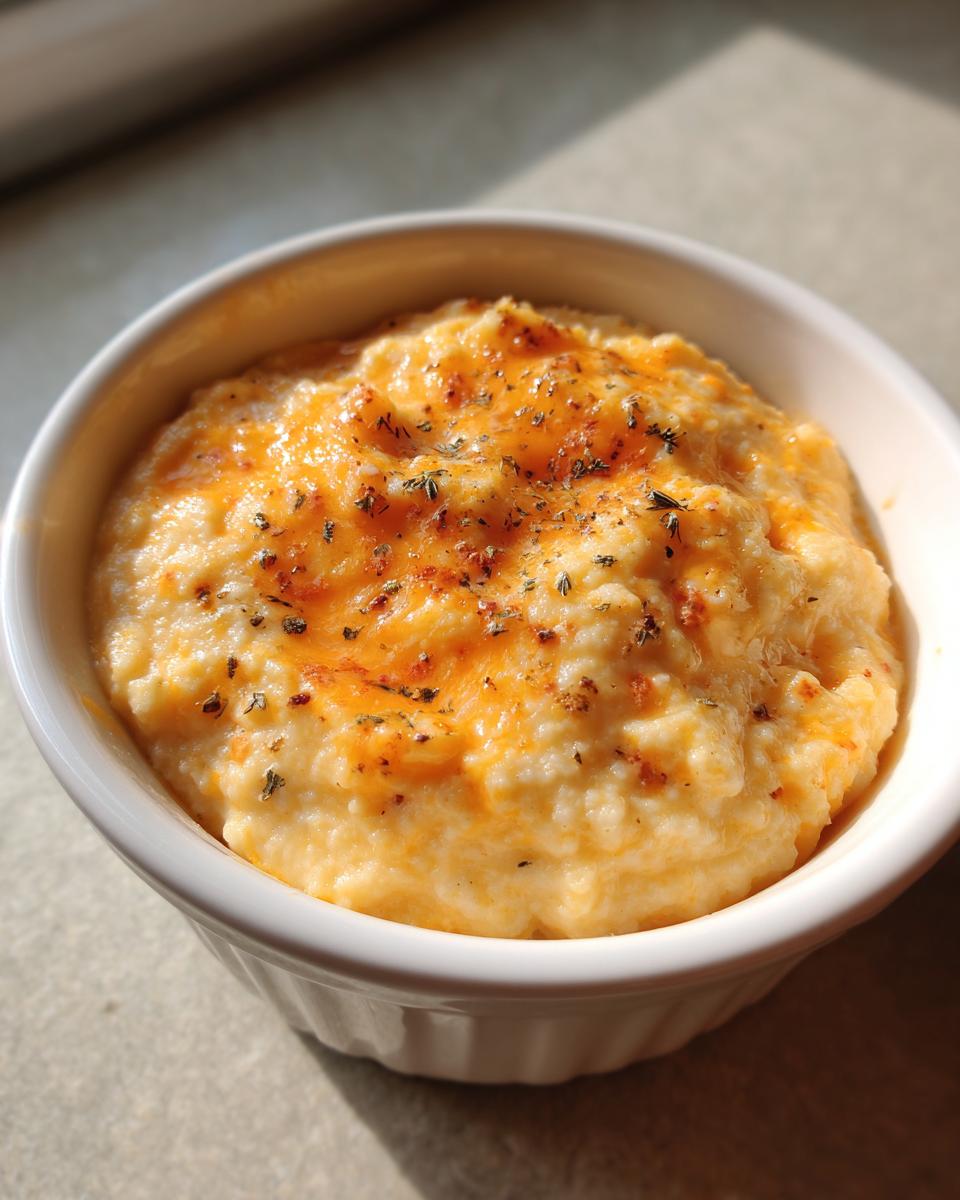 A close-up of creamy cheese grits topped with melted cheddar and herbs in a white bowl.