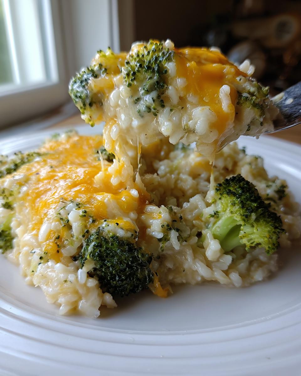 A spoonful of creamy, cheesy broccoli rice being lifted from a plate showing melted cheese strings.