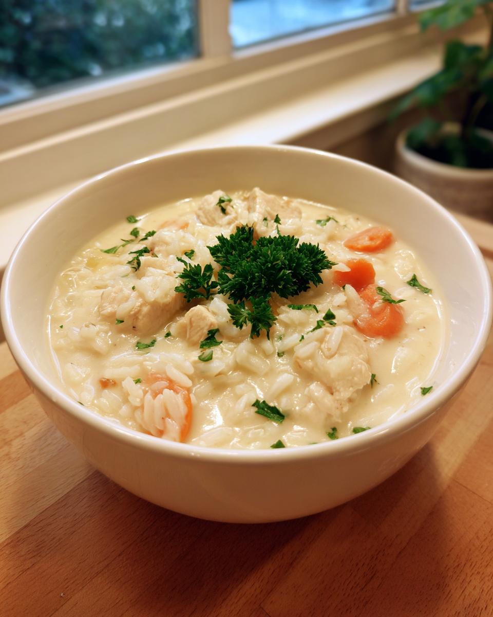 A close-up of a white bowl filled with creamy chicken and rice soup, garnished with carrots and fresh parsley.