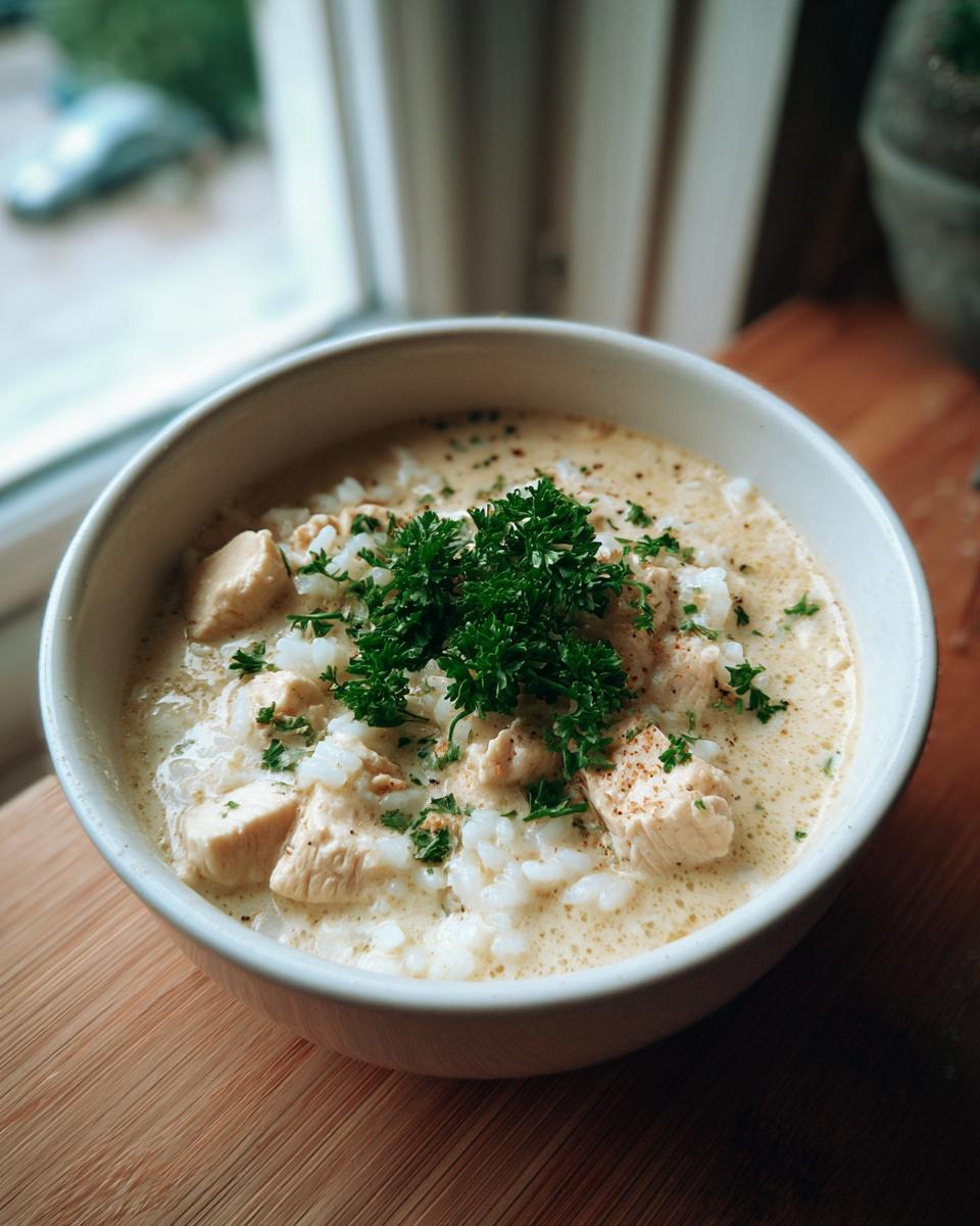 A close-up of a white bowl filled with creamy chicken and rice soup, topped with fresh parsley.