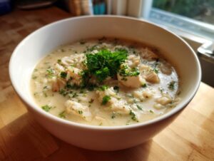 A white bowl filled with creamy chicken and rice soup, garnished with fresh parsley.