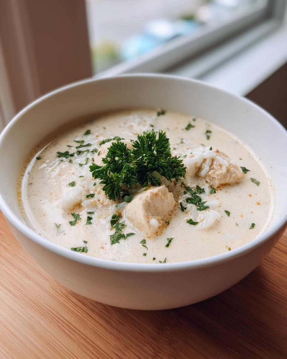 A white bowl filled with creamy chicken and rice soup, garnished with fresh parsley on top.