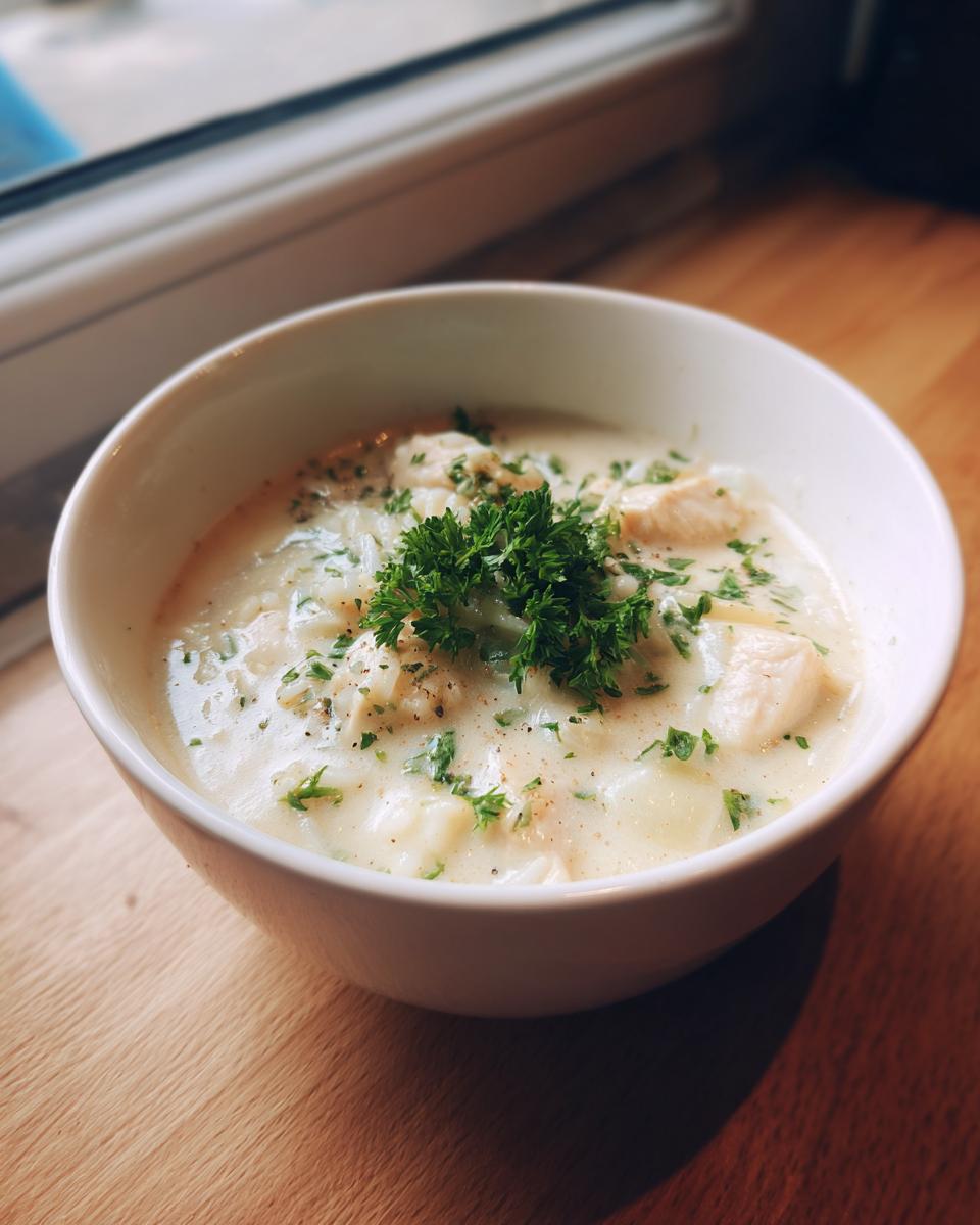 A close-up of a white bowl filled with creamy chicken and rice soup, garnished with fresh parsley.