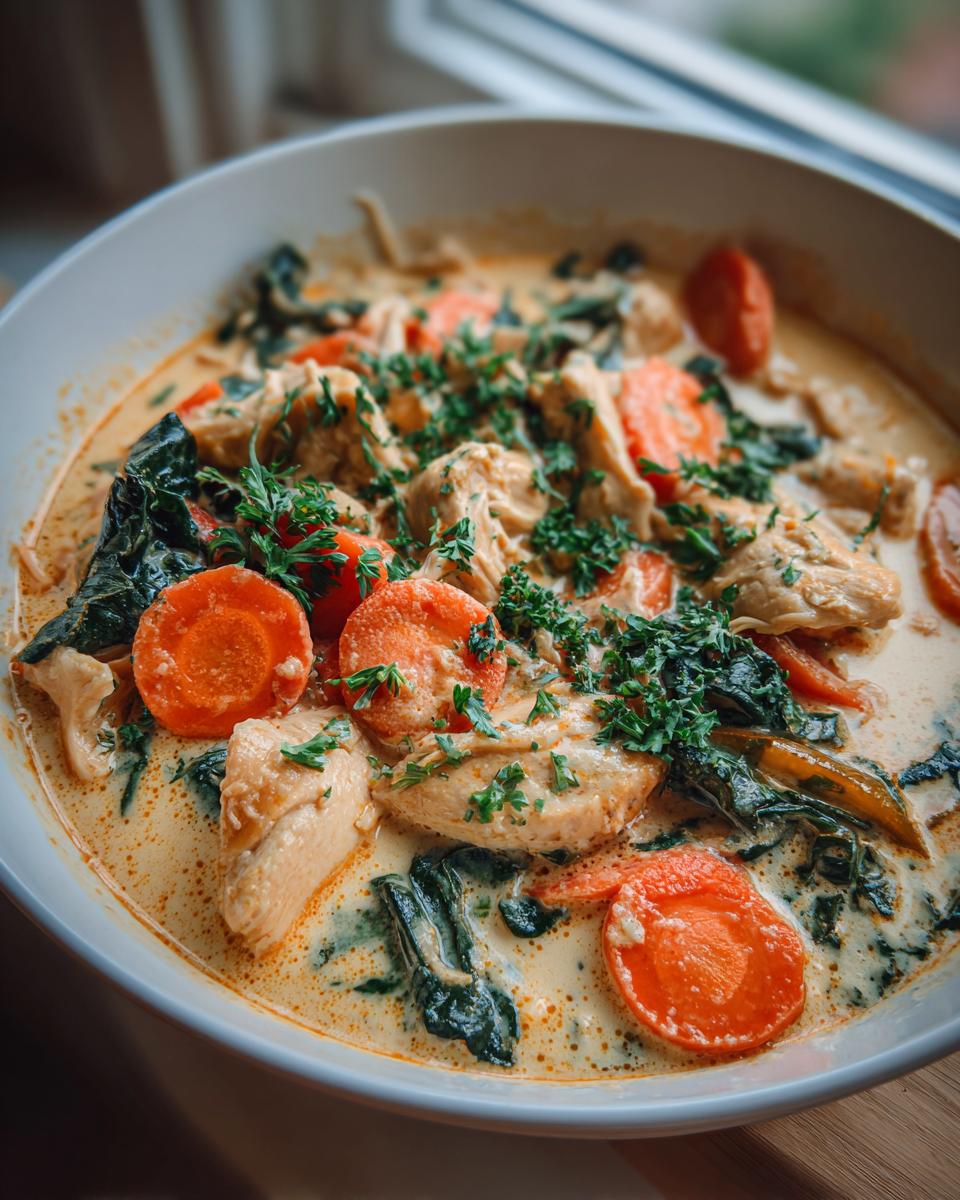 A close-up of creamy chicken soup featuring chunks of chicken, bright orange carrot slices, dark greens, and fresh parsley topping.