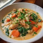 A close-up of creamy chicken soup filled with shredded chicken, bright orange carrots, dark spinach, and fresh parsley.