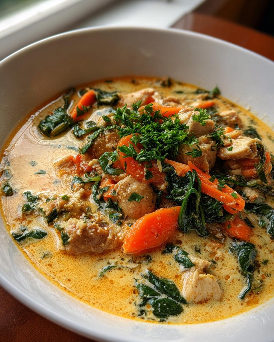 Close-up of a bowl of creamy chicken soup featuring chunks of chicken, bright orange carrots, dark green spinach, and fresh parsley.