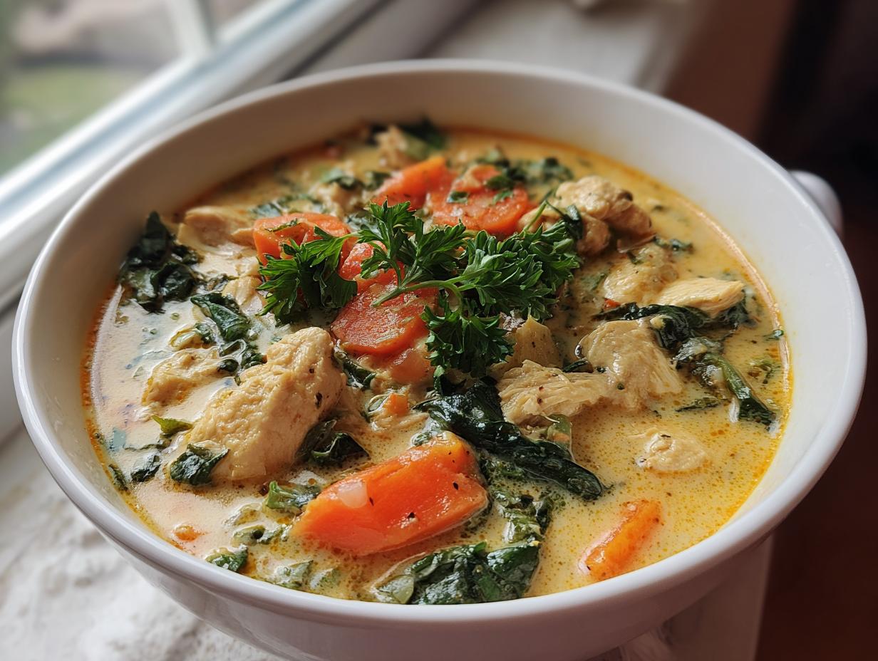A close-up of a white bowl filled with creamy chicken soup, featuring chunks of chicken, bright orange carrots, and dark green spinach.