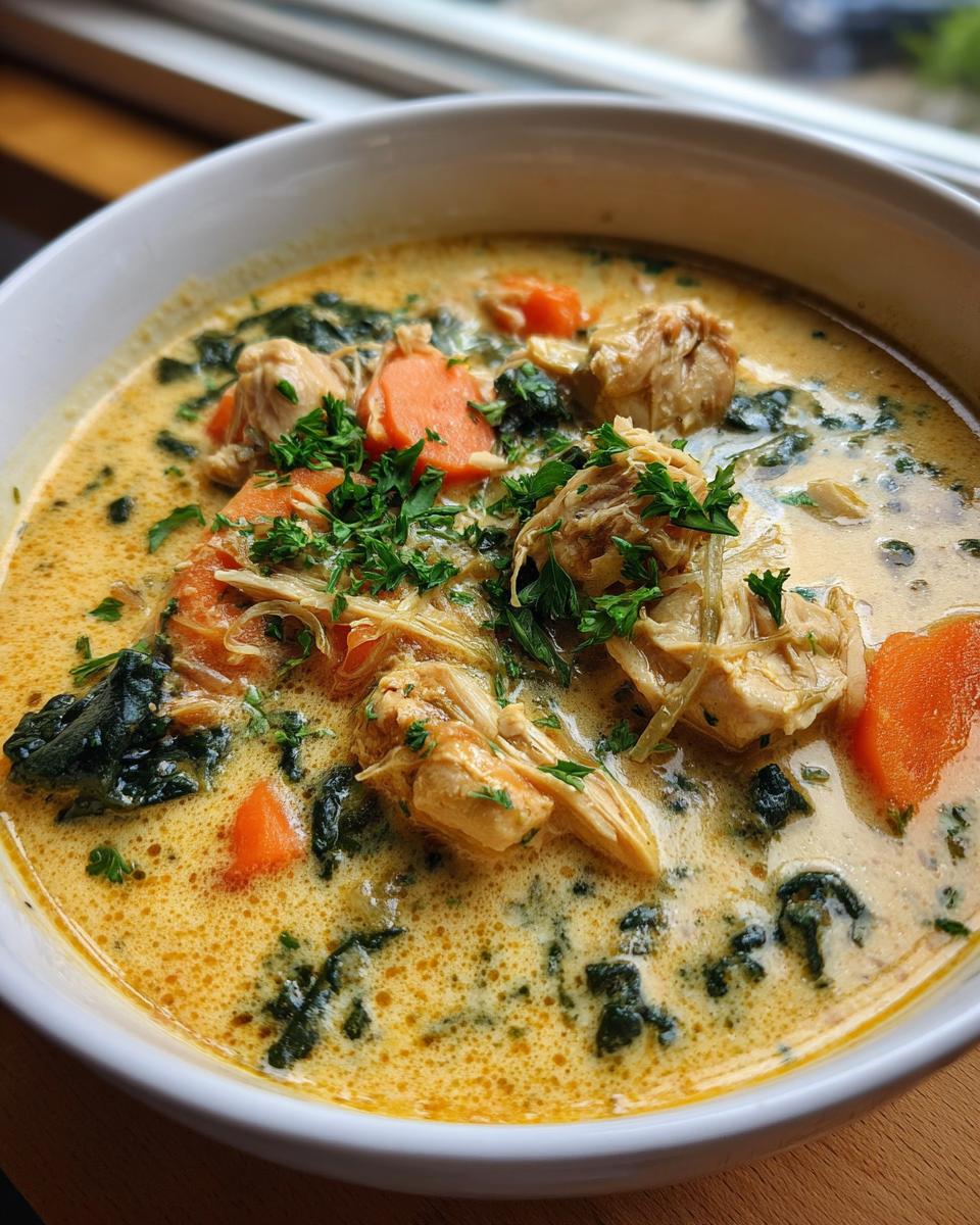 A close-up of a bowl of creamy chicken soup featuring shredded chicken, bright orange carrots, dark green spinach, and fresh parsley garnish.