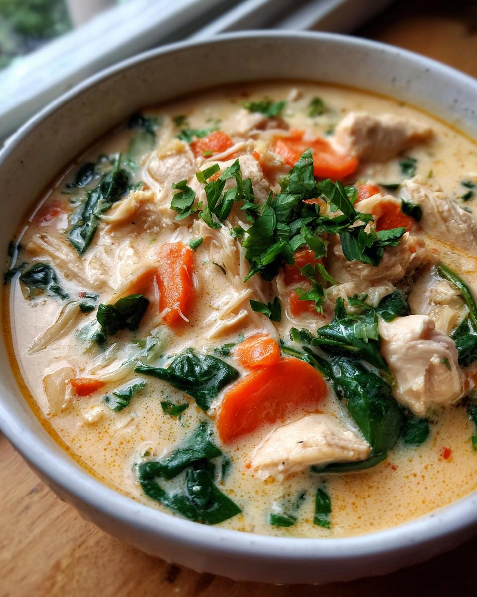 A close-up bowl of amazing 50-min creamy chicken soup, featuring chunks of chicken, bright orange carrots, dark green spinach, and fresh parsley.