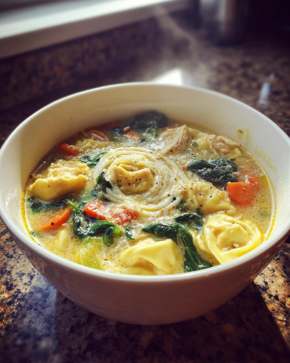 A close-up of a steaming white bowl filled with creamy chicken tortellini soup, featuring tortellini, spinach, and carrots.
