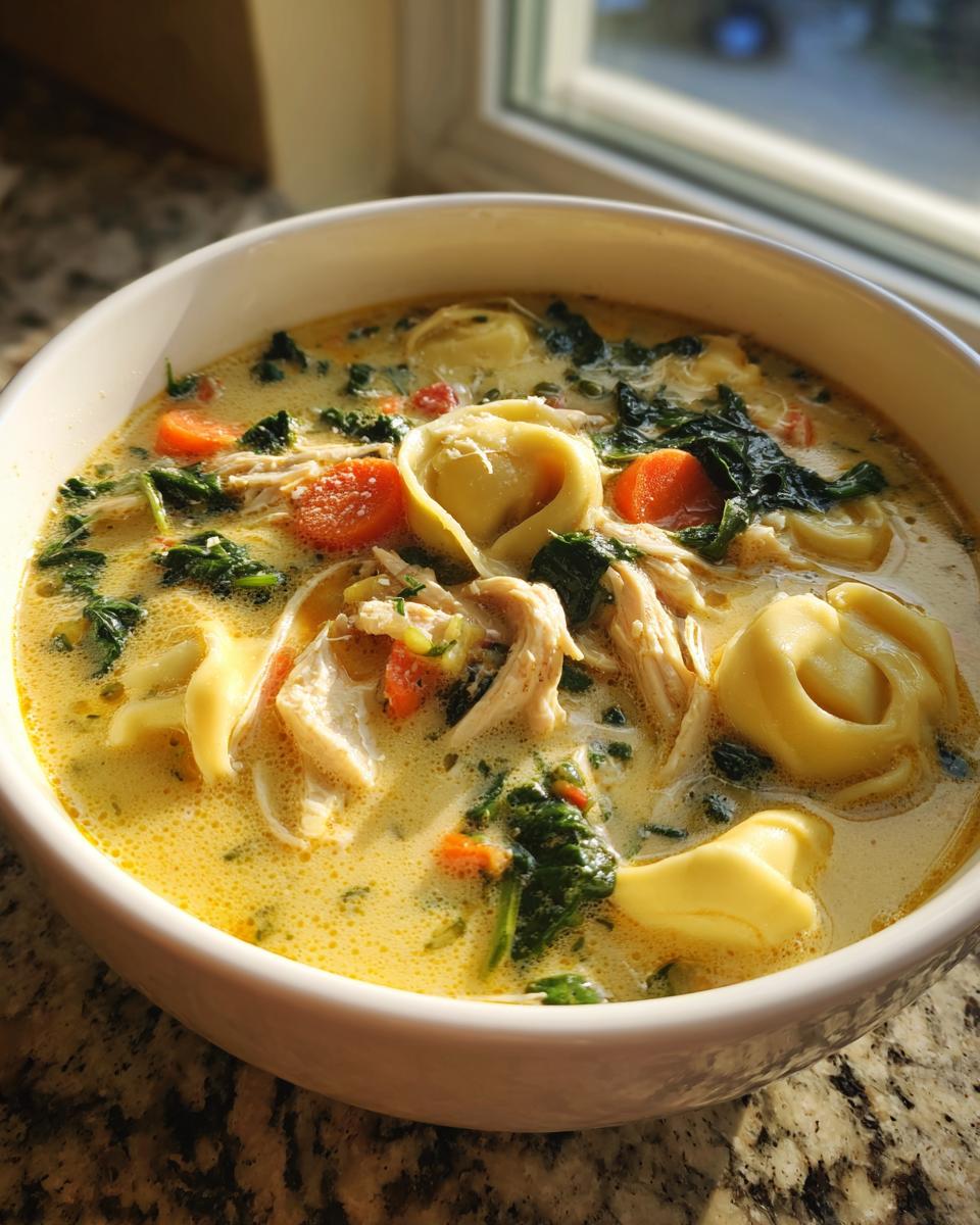 A close-up of a white bowl filled with creamy chicken tortellini soup, featuring tortellini, shredded chicken, carrots, and spinach.