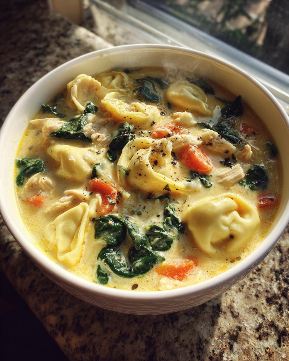 A close-up of a steaming bowl of creamy chicken tortellini soup with spinach and carrots, seasoned with black pepper.