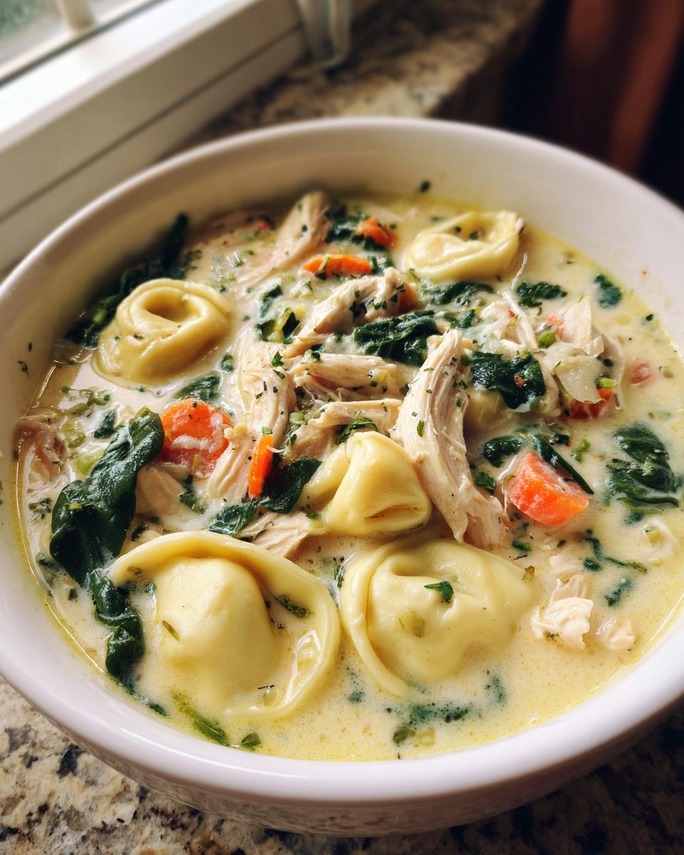 A close-up of a white bowl filled with creamy chicken tortellini soup, featuring tortellini, shredded chicken, spinach, and carrots.