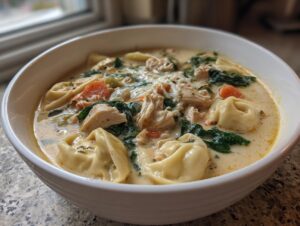 A close-up of a hearty bowl of creamy chicken tortellini soup filled with tortellini, shredded chicken, spinach, and carrots.