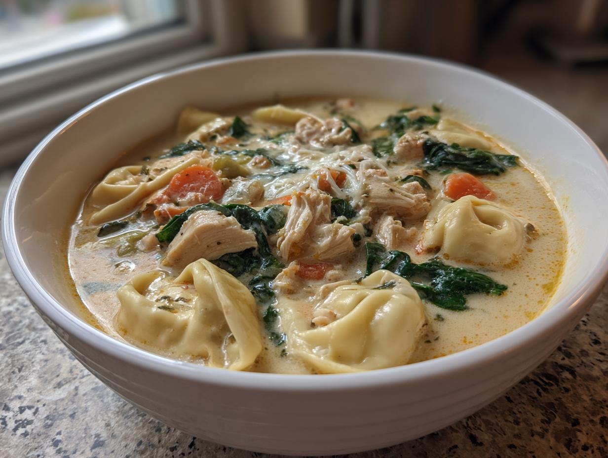A close-up of a hearty bowl of creamy chicken tortellini soup filled with tortellini, shredded chicken, spinach, and carrots.
