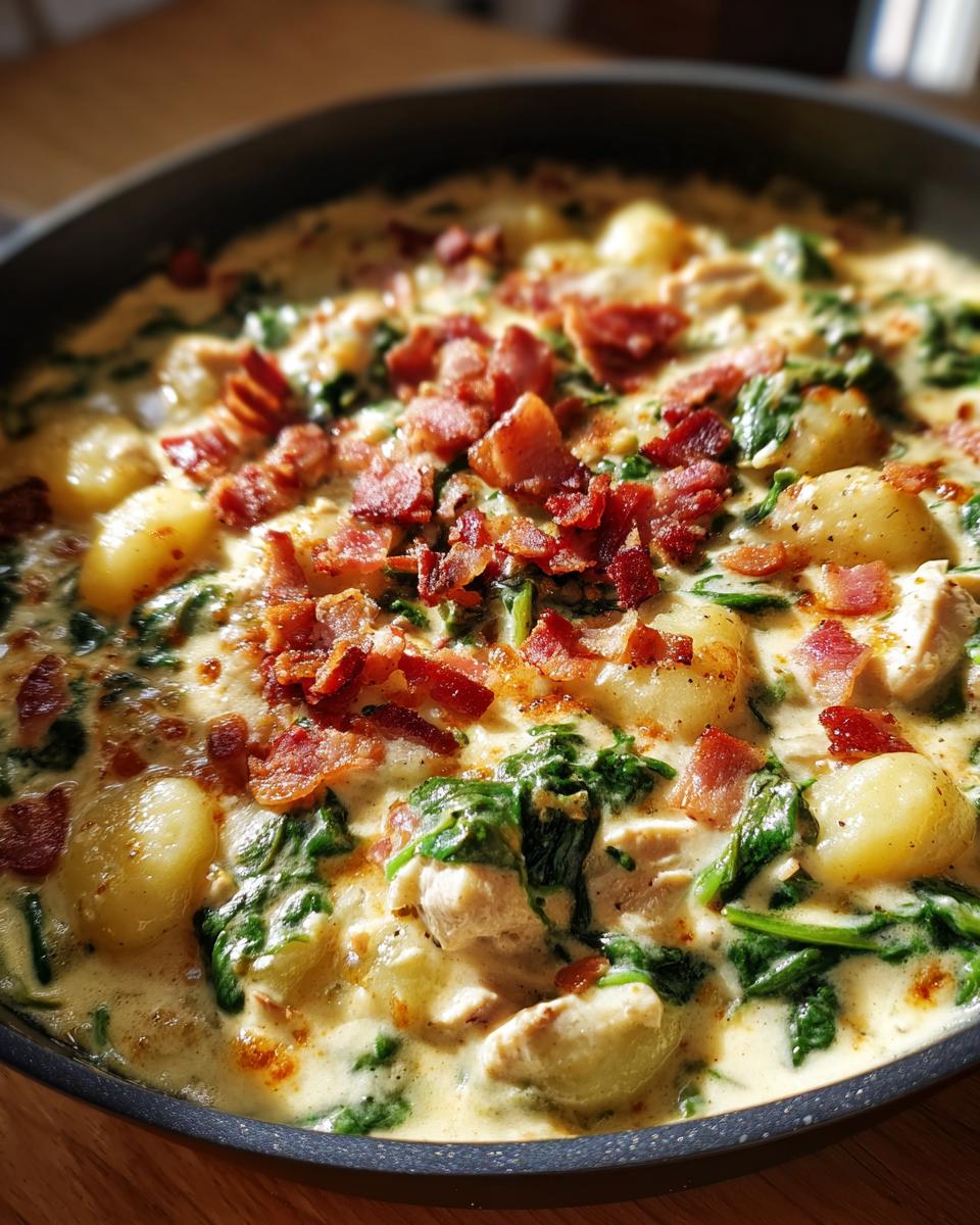 Close-up of creamy crack chicken gnocchi dish in a skillet, topped generously with crispy bacon pieces and spinach.