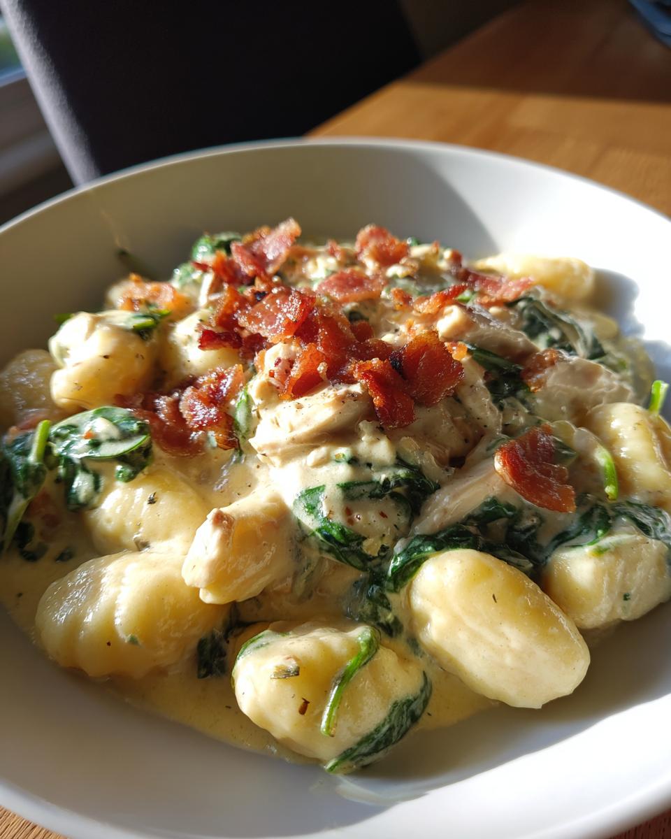 A close-up of creamy crack chicken gnocchi in a white bowl, topped generously with crispy bacon bits and spinach.