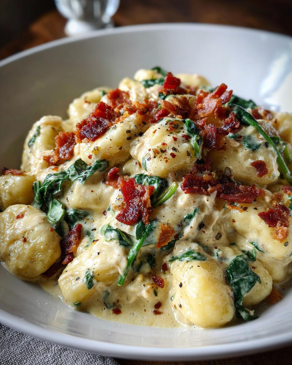 Close-up of creamy crack chicken gnocchi tossed in a rich sauce with spinach and topped with crispy bacon bits.