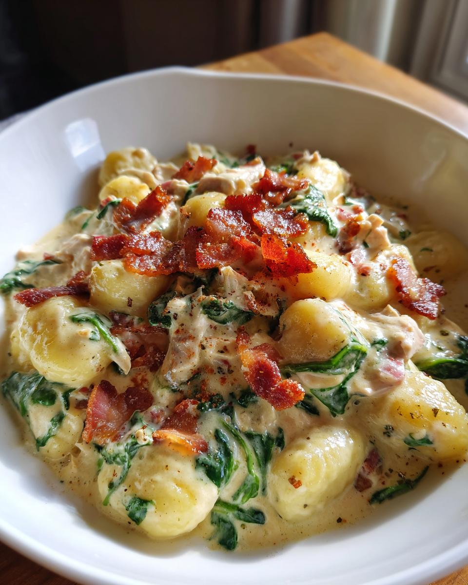 A close-up of creamy crack chicken gnocchi mixed with spinach and topped with crispy bacon pieces.