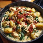 A close-up of creamy crack chicken gnocchi dish with bacon crumbles and spinach in a dark skillet.