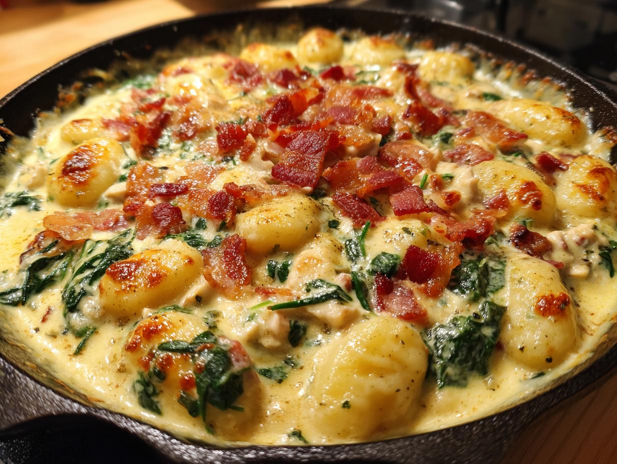 Close-up of creamy crack chicken gnocchi baked in a cast iron skillet, topped with crispy bacon.