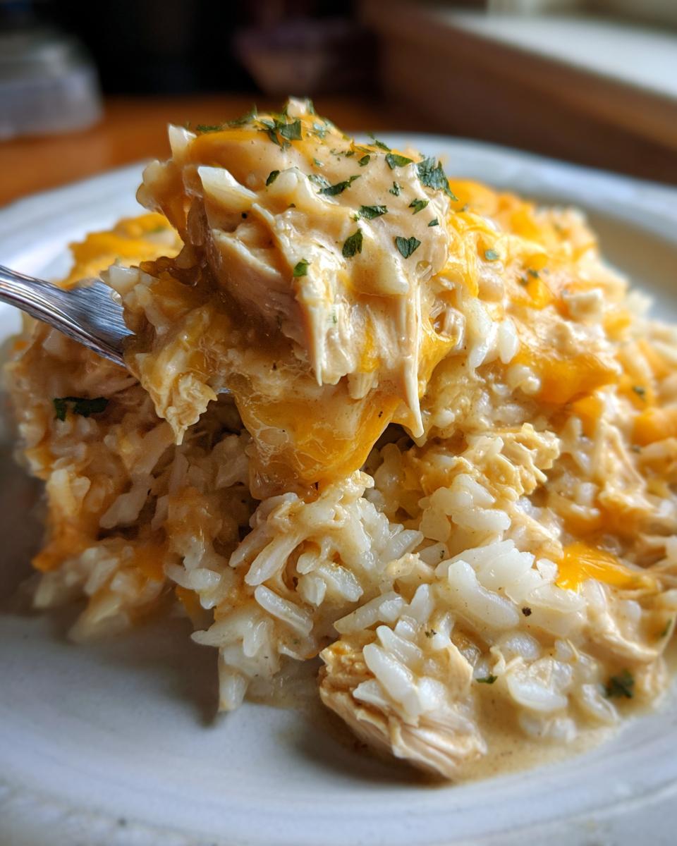 A fork lifts a creamy bite of shredded chicken and rice from a serving of crock pot chicken and rice topped with melted cheese.