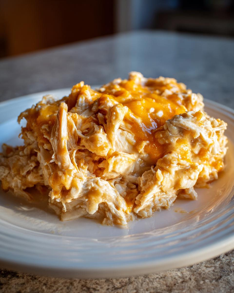 A close-up of a serving of creamy crock pot chicken and rice topped with melted cheddar cheese on a white plate.