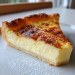 A close-up slice of creamy custard pie showing a thick, smooth yellow filling and a golden, slightly torched top crust.