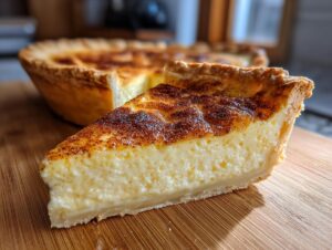 A close-up slice of creamy custard pie with a perfectly browned, slightly speckled top, resting on a wooden board.