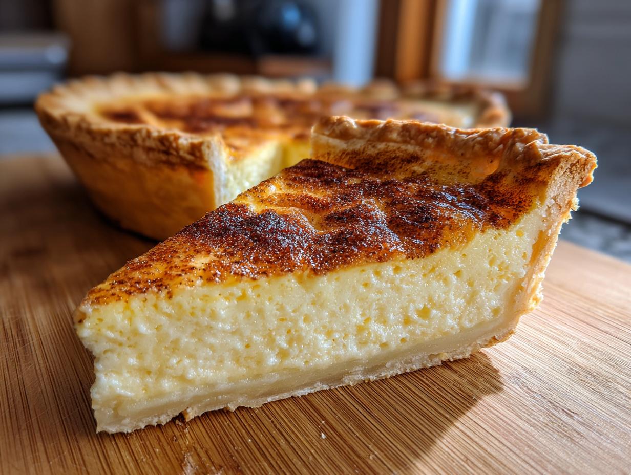 A close-up slice of creamy custard pie with a perfectly browned, slightly speckled top, resting on a wooden board.